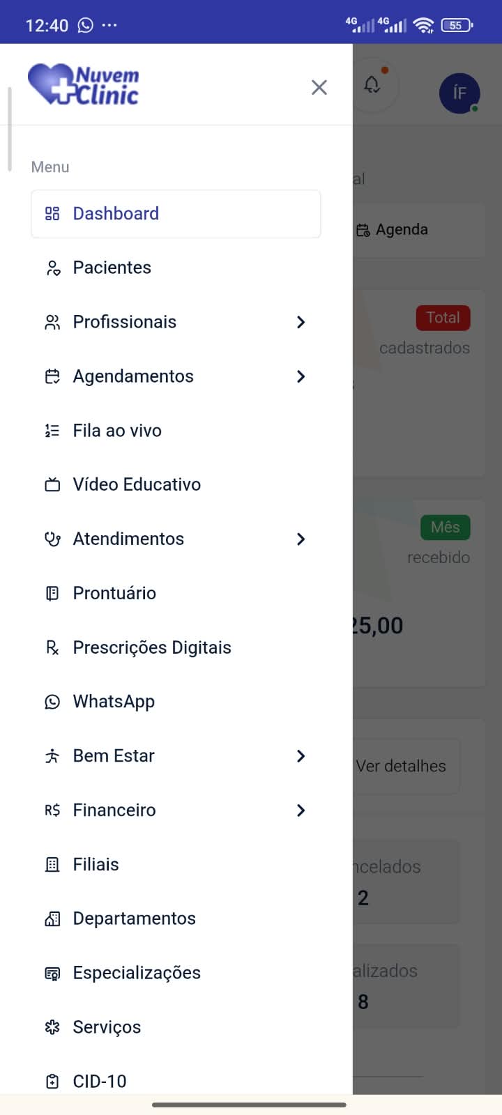 Menu da clínica no celular